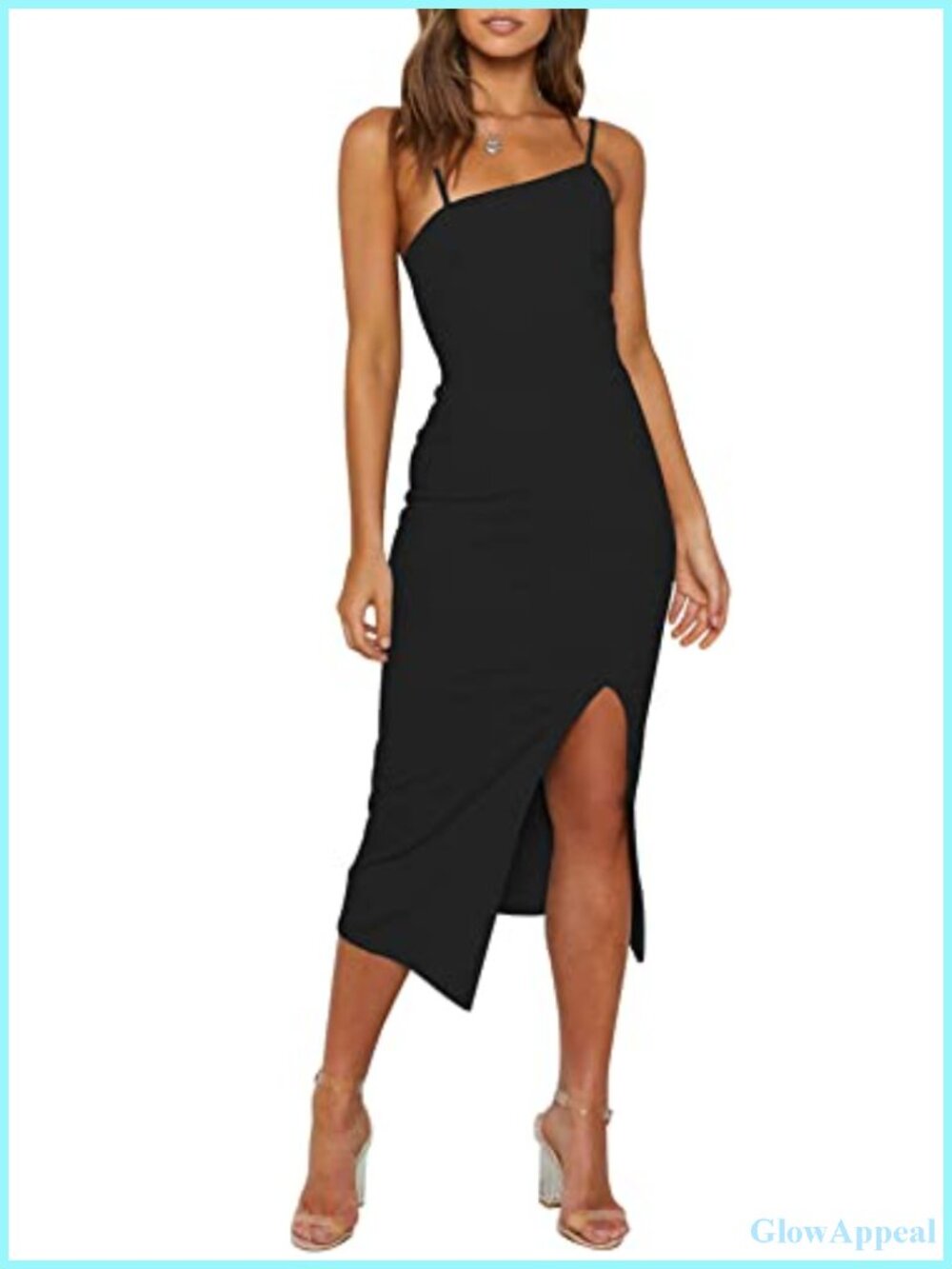 Women's Spaghetti Strap Bodycon Midi Wedding Guest Dress Asymmetric Neckline